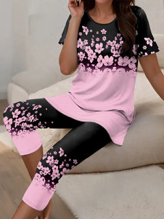 Plus Size 2 Piece Ombre Gradient Floral Loungewear Set Round Neck Short Sleeve Long Tunic Top High Waist Floral Panel Capri Legg