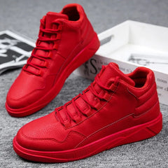 Keep Warm Men's Red High-Top Leather Skate Shoes Flat Lace-Up Sneakers Versatile Casual Streetwear Non-Slip Grip Sole Footwear