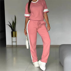 Spring Summer New Casual Sports T-shirt Short-sleeved Suit Women Fashion Splicing Side Stripes Simple Trousers 2 Piece Set 2026
