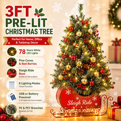 3‘ Artificial Christmas Tree Pre Lit Fiber Optic with 78 Warm White LED Lights 8 Mode Lighting Sleigh Ride Base USB Powered Battery Operated Tabletop Xmas Tree No Assembly