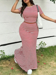 GIBSIE Plus Size Striped O-Neck Short Sleeve Crop Top Women Summer Mermaid Hem Long Skirts Set Female Casual Two Piece Outfit