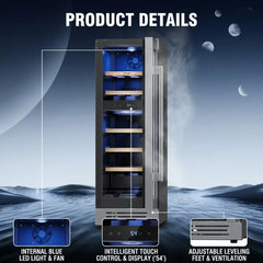 Wine Fridge Cooler 12 Inch Wine Fridge Hold 17 Bottles, Wine Refrigerator Glass Door Built-in Wine Storage Cabinet For Home Kitchen Bar