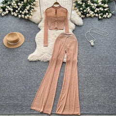 Fashion See Through Mesh Rhinestone Chic Long Sleeve Slim Short Top High Waist Wide Leg Pants Evening High Street Two-piece Sets