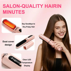 Cordless Hair Straightener Brush Portable Hot Brush with Ionic Technology Auto Shut-Off for Travel & Touch-Ups Ideal for Women