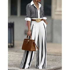 Spring Autumn Fashion Striped Printed Long Sleeve Shirt Women Suit Wide Leg Pocket Pants Female Office 2piece Set Including Belt