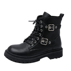 New Round Toe Fashionable Side Zipper Motorcycle Shoes Solid Color Elegant Warm Casual Lace-up Non-slip Women's Boots