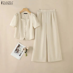 2PCS Women OL Work Outfits Zanzea Summer Square Neck Short Sleeve
