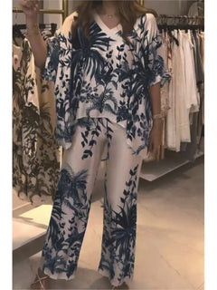 Fashion Short-sleeved V-neck Top + Wide-leg Pants 2-piece Set Women Elegant Spring Loose Irregular Top Floral Print Suit Female