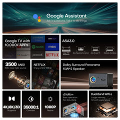 HORLAT 50000Lumens Google TV Projector Fully Sealed Optical Beamer 4K Smart Home Theater Movie Projector WiFi 6 Voice Assistant