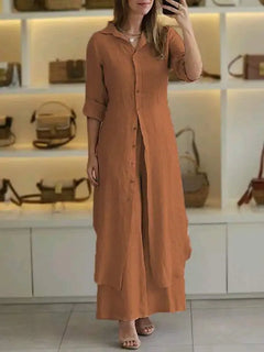 Spring Autumn Solid Color Long Pants Sets For Women Casual Shirt Dress Loose Wide Legs Trousers Two Piece Set Female