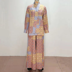 Elegant African Fashion Vintage Ethnic Printed Women Two Piece Set V Neck Long Sleeve Loose Top And Wide Leg Pants Set