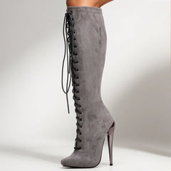 Unisex Purple Suede Lace-Up Knee High Boots 15cm/6" Stiletto Heel Sexy Nightclub Pole Dancing Cosplay Shoes Plus Size 36-46