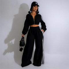 Fashion Splicing Striped Zipper Sports Suit Women'S Spring Autumn Thick Hoodie Casual Loose Wide Leg Trousers 2 Piece Set Female