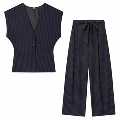 Women Fashion 2-Piece Set Single-breasted Sleeveless V-Neck Pinstripe Vest+Summer Pleated Loose Pocket Belt Zipper Pants