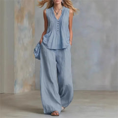 Fashion Pleated V-neck Sleeveless Women's Tops 2-piece Summer Casual Loose Wide-leg Trousers Female Elegant Office Trousers Set