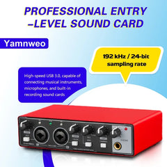 YAMNWEO MD21 Red USB Audio Interface Sound Card, 24Bit/192kHz Dual Channel Sound Card with Dual Inputs for Condenser Microphones & Guitars, Ideal for Live Streaming, Podcasting, Music Production and Live Performances