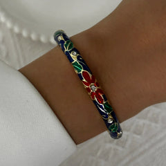 Elegant Enamel Dropped Glaze Flower Texture Bracelet For Women Retro Gold Plated Evil Eye Floral Zircon Bangle Party Jewelry