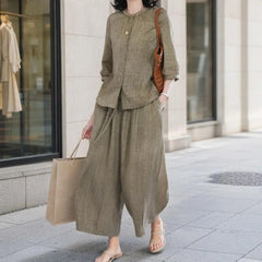 Plus Size Casual Suit Women 2 Piece Cotton Linen Sets, Button Down