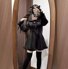 Large Size Spring Autumn Sweet Black Sailor Collar Long Sleeve Japanese Dress Shorts High Waist A-line Bow Age Reduction Sets