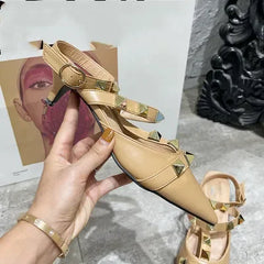 2024 New Rivet Pointed Thin Heel Baotou Half Slipper Female Middle Heel Shallow Mouth Lazy Mueller Shoes