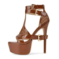 Onlymaker Women Yellow Mesh Buckle Peep Toe Platform Sandals Thin Heels Ankle Strap Buckle Dress Sexy Party Stiletto Sandals