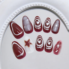 24pcs Red Star Print Fake Nails Sweet Cool Short Almond Press on Nail for Women Wearable Detachable Ins Spice Girl False Nails