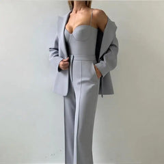 Solid Suit Jacket Corset Pants 3 Piece Set Women Corset Lapel Coat Straight Pants Lady Set 2026 Summer Autumn Commute Outfit New