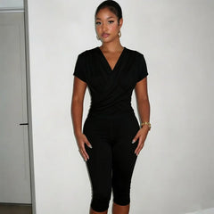 Stylish Lady Cross V Neck Ruched Short Sleeve Two Piece Set High Waist Capri Pants 2026 Women Solid Bodycon Casual Tracksuit