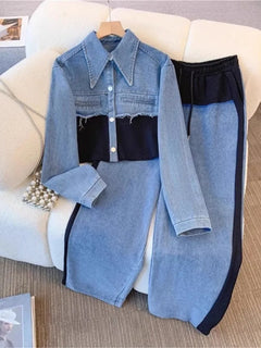 Blue Patchwork Pants Sets Women Fashion Long Sleeve Single-Breasted