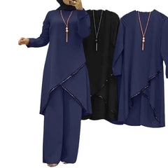 Women Eid Musulman Ensemble Muslim Sets Solid Blouses Wide Leg Pants Ramadan Morocco Two Pieces Dubai Kaftan Loose Modest