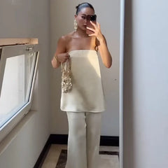 HXAO Satin Pant Sets Women's Two Pieces Set Strapless Off Shoulder Tube Vest 2 Piece Sets Woman Outfit High Waist Trousers Sets