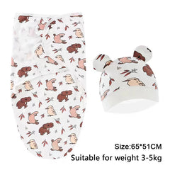 Baby Blanket Hat Set Cartoon Printed Cotton Newborn Swaddle Adjustable