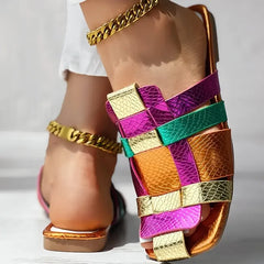 Summer Colorful Fashionable Sexy Casual Soft Luxurious Square Toe Hollow Roman Flat Shoes Model Vacation Comfortable Slippers