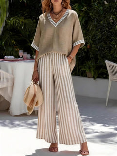Women's Linen Two Piece Set Fashion V Neck Contrast Half Sleeve Loose Top High Waist Striped Wide Leg Pants Summer Casual Outfit