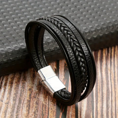 Multi Layer Braided Rope Bracelets for Men,Classic Handmade PU Leather Wristband with Magnetic Buckle,Trendy Punk Jewelry Gift