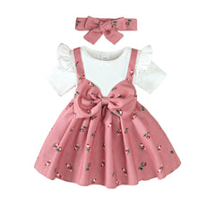 2PCS Infant Baby Girl Pink Cherry Print Ruffle Short Sleeve  Dress + Headbandr for 0-2Y Toddler Sweet Summer Princess Dress