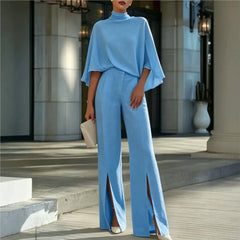 Autumn Women's Half Turtleneck Shawl Top Fashion Slit Wide Leg