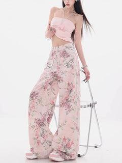 New Women Chinese Style Pink Embroidered Jeans Summer Casual Wide Leg Floor Length Pants with Printed Design