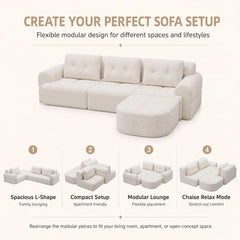 110" Boneless Chenille Cloud Sofa with Chaise, 4 Seater L-Shaped Modular Sectional for Living Room, Beige-White, Customized