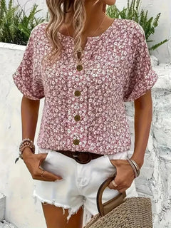 Plus Size Women's Shirts 2025 Spring Summer New Fashion Casual Floral Printing V-Neck Short Sleeve Blouses Korean Style Clothing