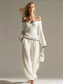 Women Sexy Off-shoulder Long-sleeved T-shirt Trousers 2piece Set Fashion Loose Elegant Color-blocked Pocket Trousers Female Suit