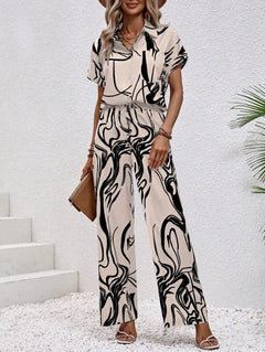 Women's 2026 Fashionable Printed Short Sleeve Shirt And Elastic Waist Wide Leg Pants Suit Set Casual Daily Commuting Spring Wear