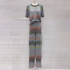 CHUJIE 2026 Summer New, Stylish And Versatile, Round Neck Colorful Contrast Striped, Short-sleeve Knitted Top + Trousers Set