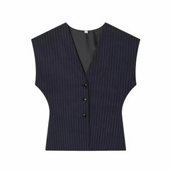 Women Fashion 2-Piece Set Single-breasted Sleeveless V-Neck Pinstripe Vest+Summer Pleated Loose Pocket Belt Zipper Pants