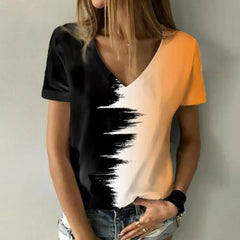 New women's V-neck T-shirt, black and white, suitable for document subscribers, 3D printing, vacation