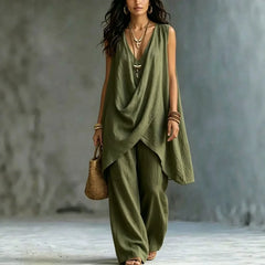 Fashion Summer Sexy Loose Solid color Linen 2 Piece Set Draped Sleeveless Top High Waist Wide Leg Pants Outfit Vacation Women