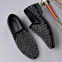 Fashion Designer New Gold Silver Punk Rock Rivet Leather Casual Shoes for Men Rhinestone Loafers Formal Wedding Dress Homecoming