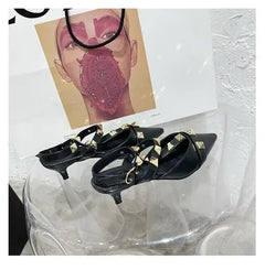 2024 New Rivet Pointed Thin Heel Baotou Half Slipper Female Middle Heel Shallow Mouth Lazy Mueller Shoes