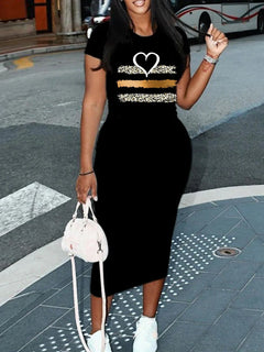 Summer heart-shaped print short sleeved women's sexy dress Casual Round Neck Pullover Dress Solid Color
