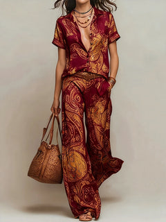 Women's Boho Paisley Print Two-Piece Set V-Neck Short Sleeve Blouse Top Wide Leg Pants Casual Loose Suit for Vacation